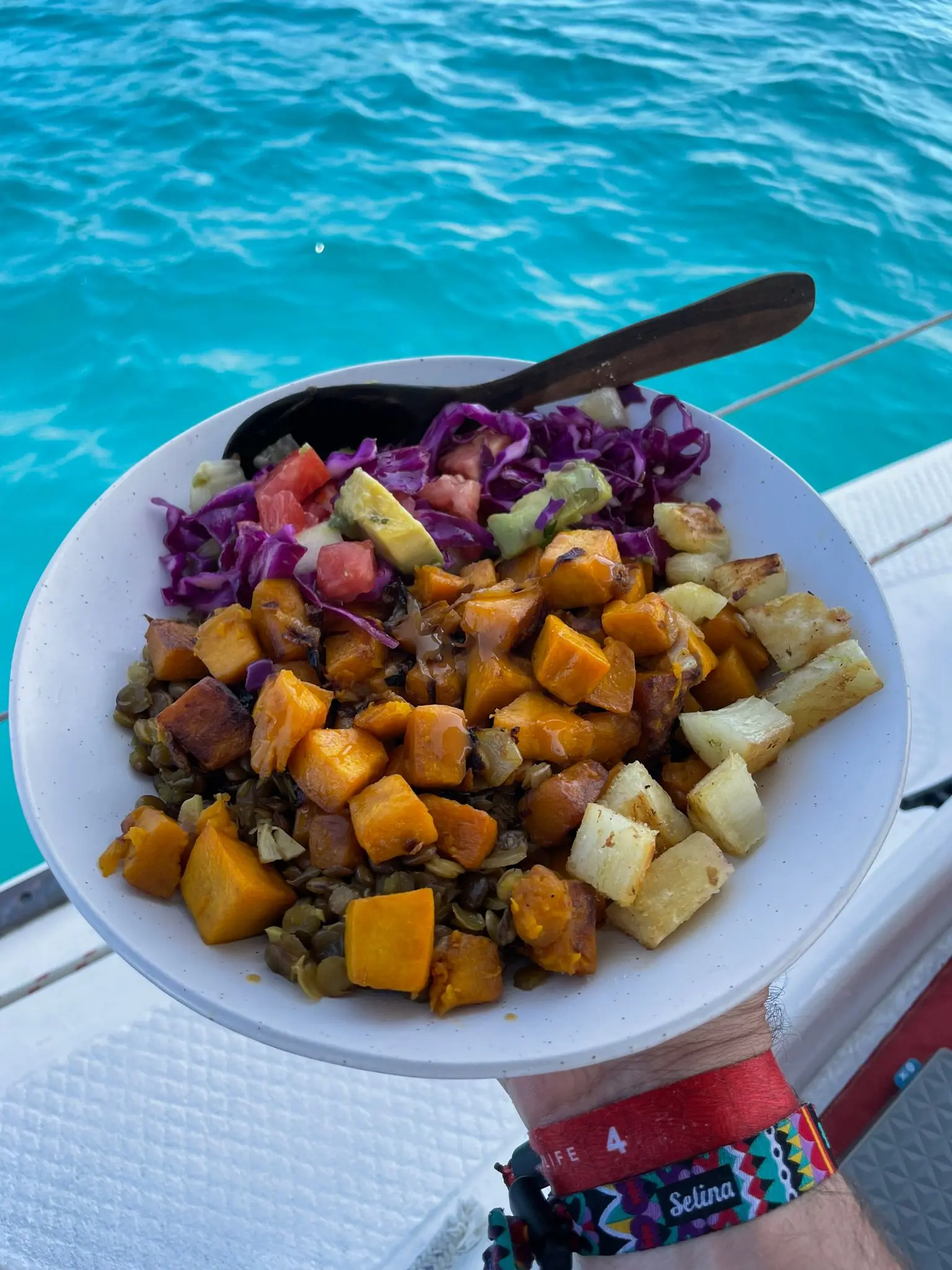 Colorful vegetarian dish onboard