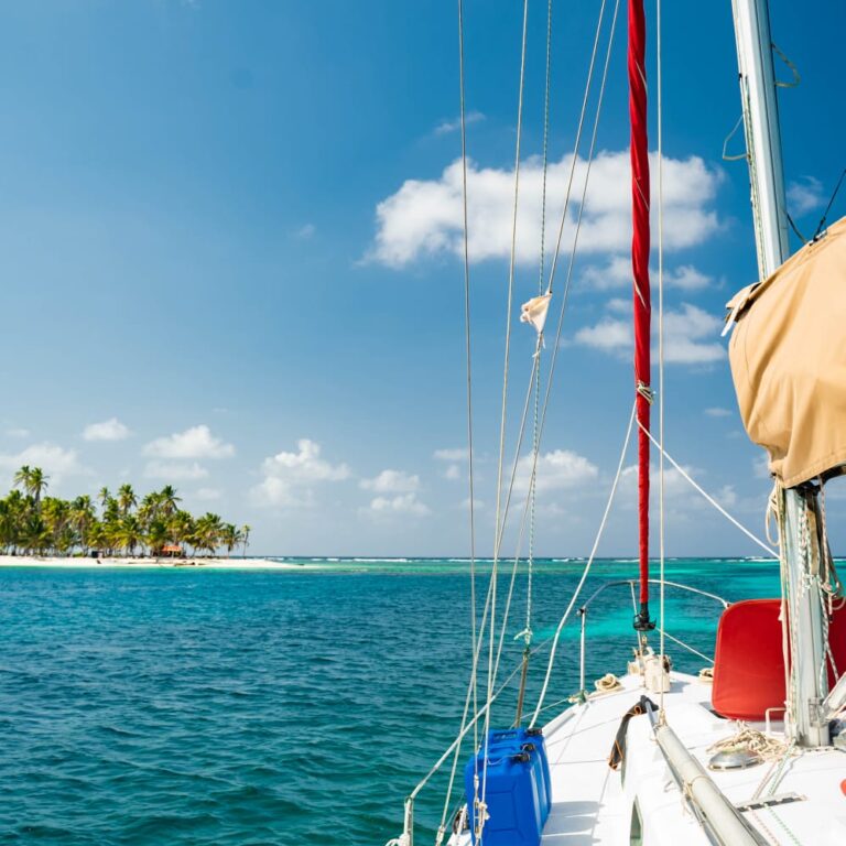 Sailboat sailing through remote San Blas islands
