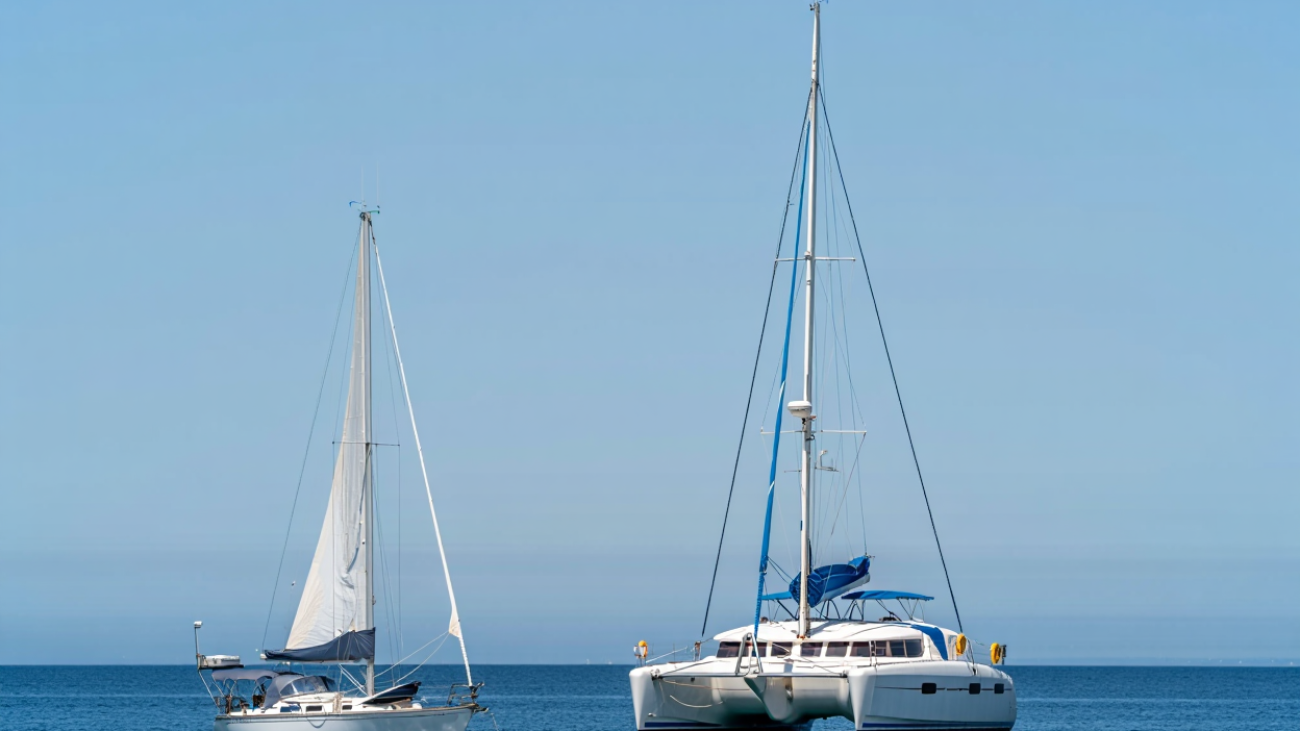 Two sailing boats anchored side by side in the Caribbean Sea near San Blas