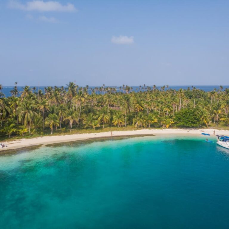 Aerial view of a lush tropical island with palm trees and turquoise bay in San Blas